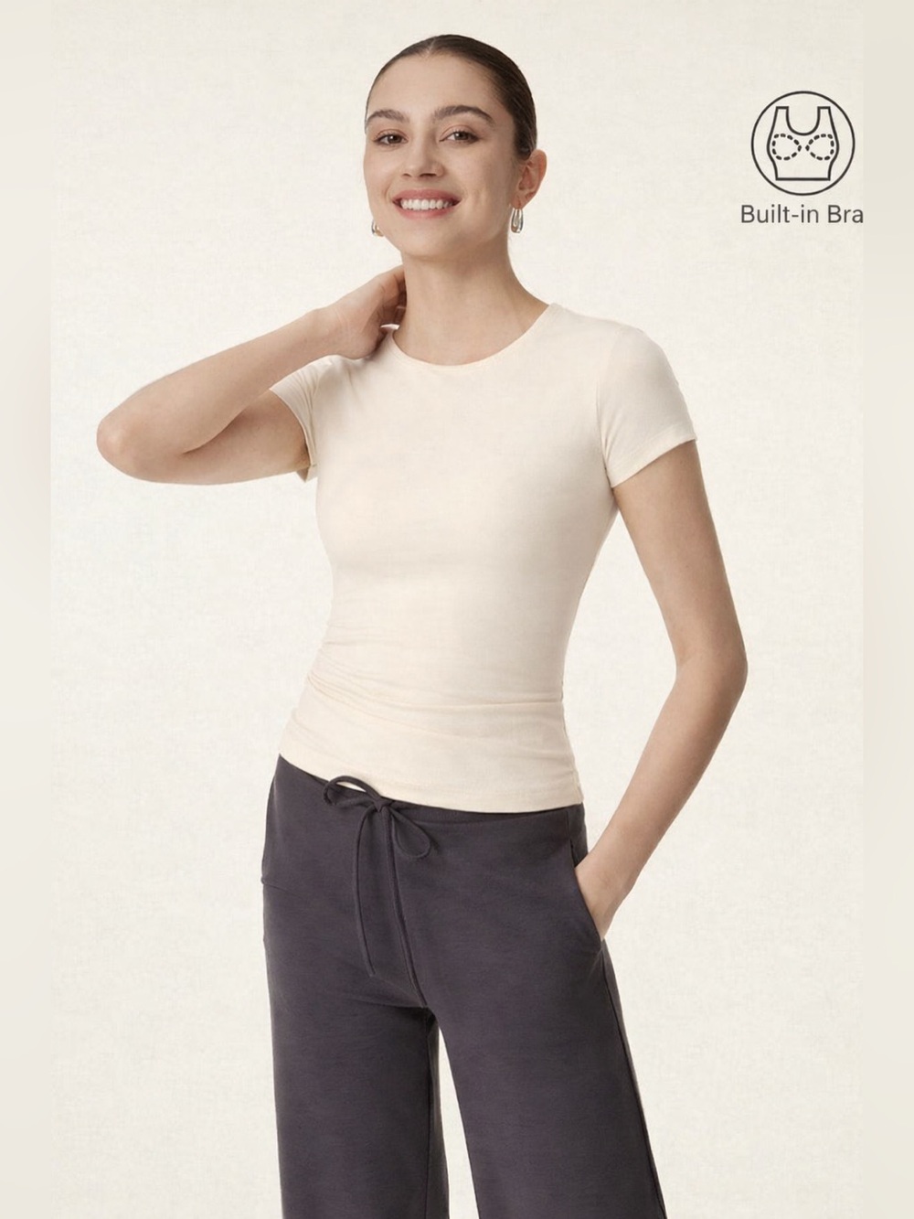 OGL Cream Crewneck Slimming Short Sleeve New Airy Bra Top Size Large